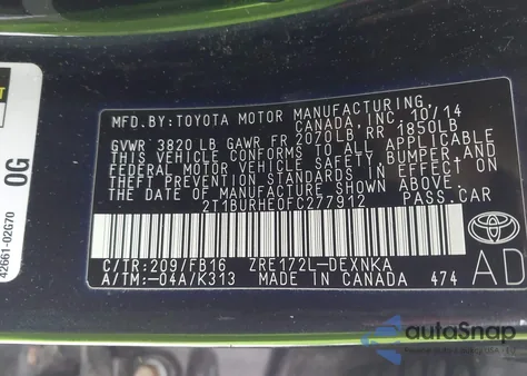 2015 Toyota Corolla Le z USA, uszkodzony, nr VIN 2T1BURHE0FC277912